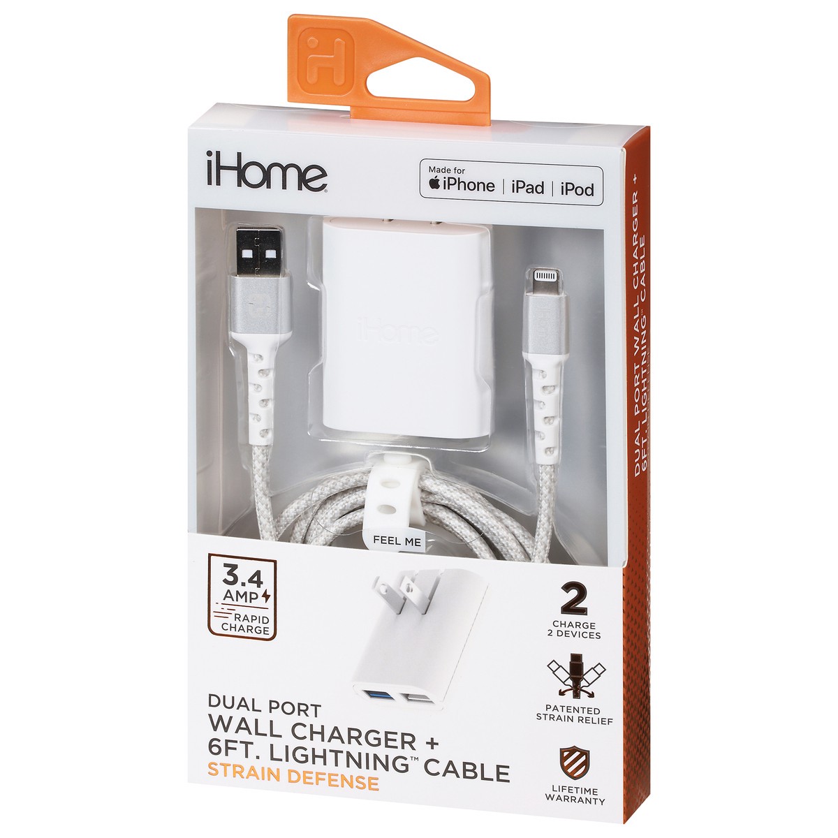 slide 8 of 9, iHome Dual Port Strain Defense Wall Charger + 6ft Lightning Cable 1 ea, 1 ct