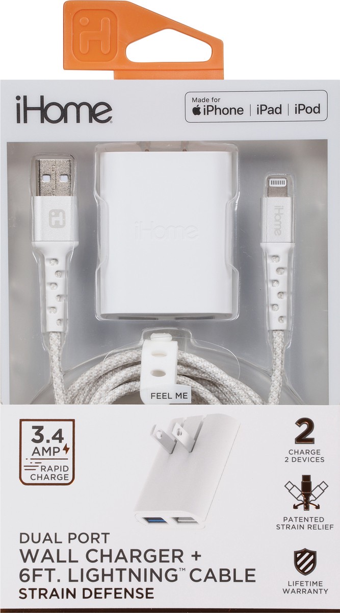 slide 7 of 9, iHome Dual Port Strain Defense Wall Charger + 6ft Lightning Cable 1 ea, 1 ct