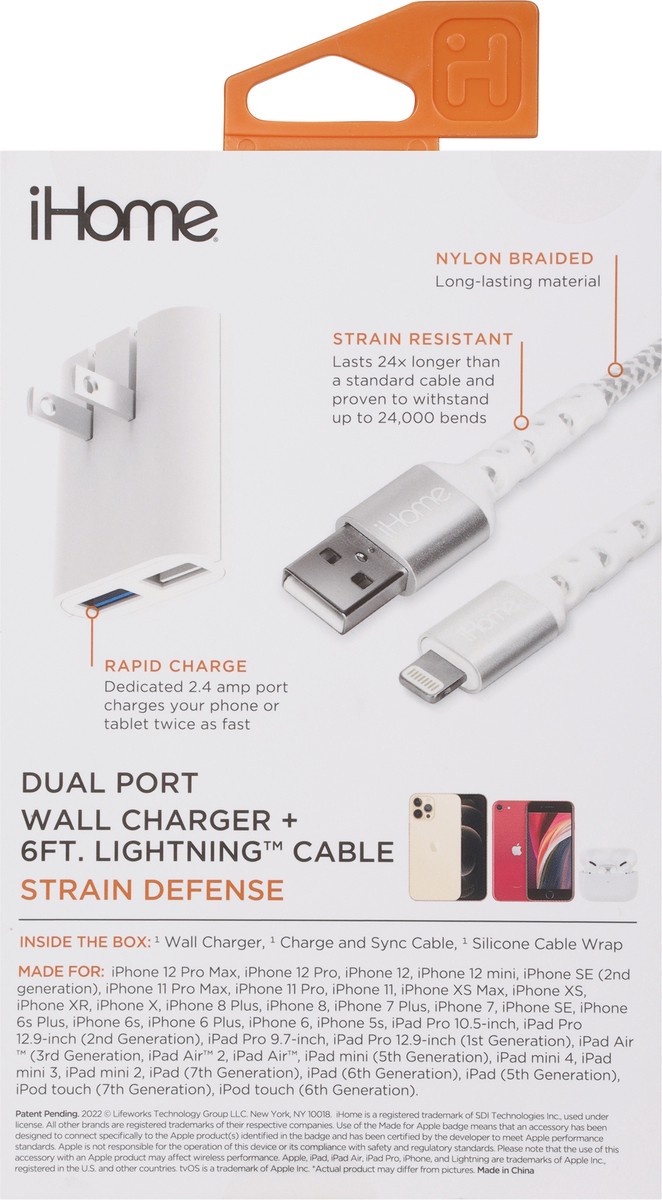 slide 8 of 9, iHome Dual Port Strain Defense Wall Charger + 6ft Lightning Cable 1 ea, 1 ct
