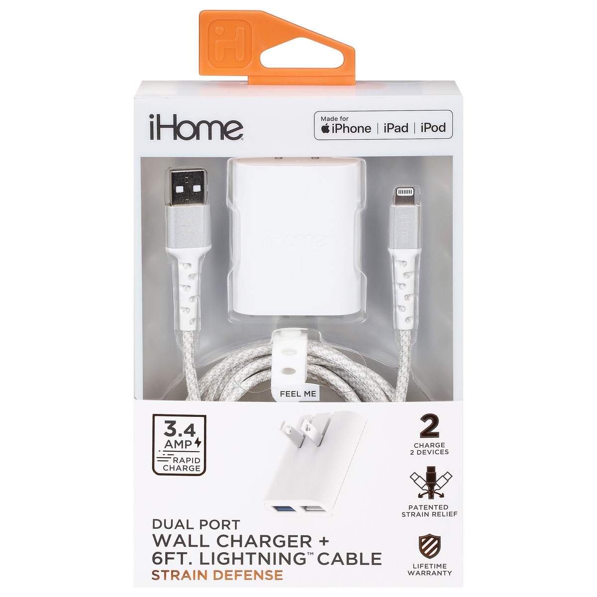 slide 9 of 9, iHome Dual Port Strain Defense Wall Charger + 6ft Lightning Cable 1 ea, 1 ct
