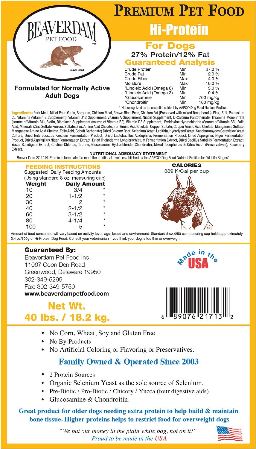 slide 1 of 1, Beaverdam Hi-Protein Dog Food 5 Lb, 5 lb