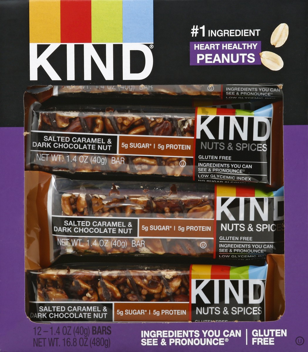 slide 9 of 10, KIND Gluten Free Salted Caramel & Dark Chocolate Nut Snack Bars, 1.4 oz, 12 Count Box, 16.8 oz