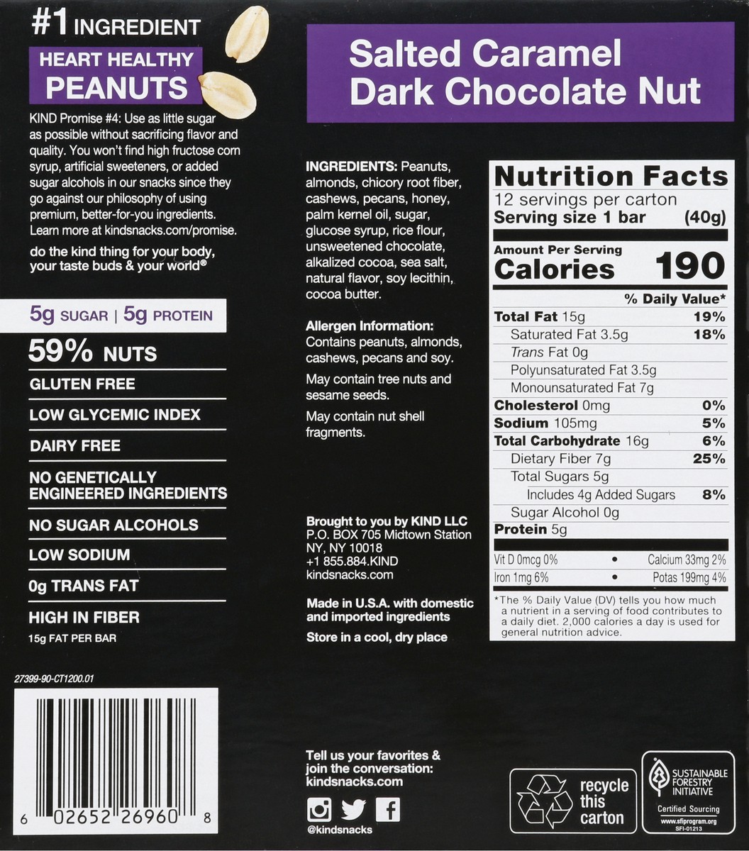 slide 6 of 10, KIND Gluten Free Salted Caramel & Dark Chocolate Nut Snack Bars, 1.4 oz, 12 Count Box, 16.8 oz