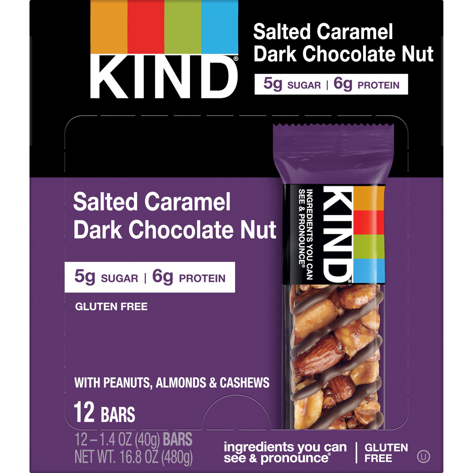 slide 1 of 10, KIND Gluten Free Salted Caramel & Dark Chocolate Nut Snack Bars, 1.4 oz, 12 Count Box, 16.8 oz