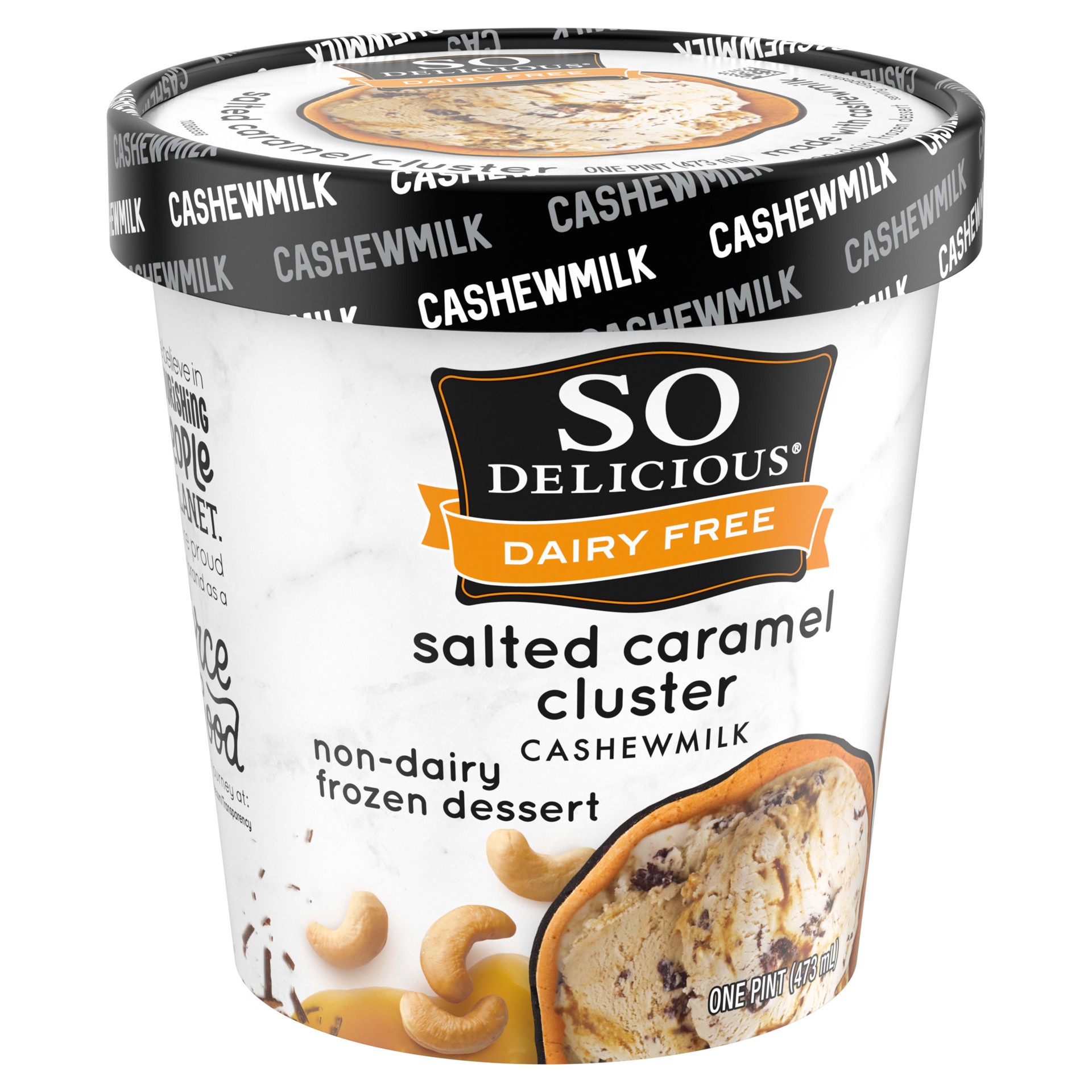 slide 2 of 5, So Delicious Cashew Milk Frozen Dessert, Salted Caramel Cluster, Dairy Free, Vegan, Non-GMO, Kosher, 1 Pint Container, 16 oz