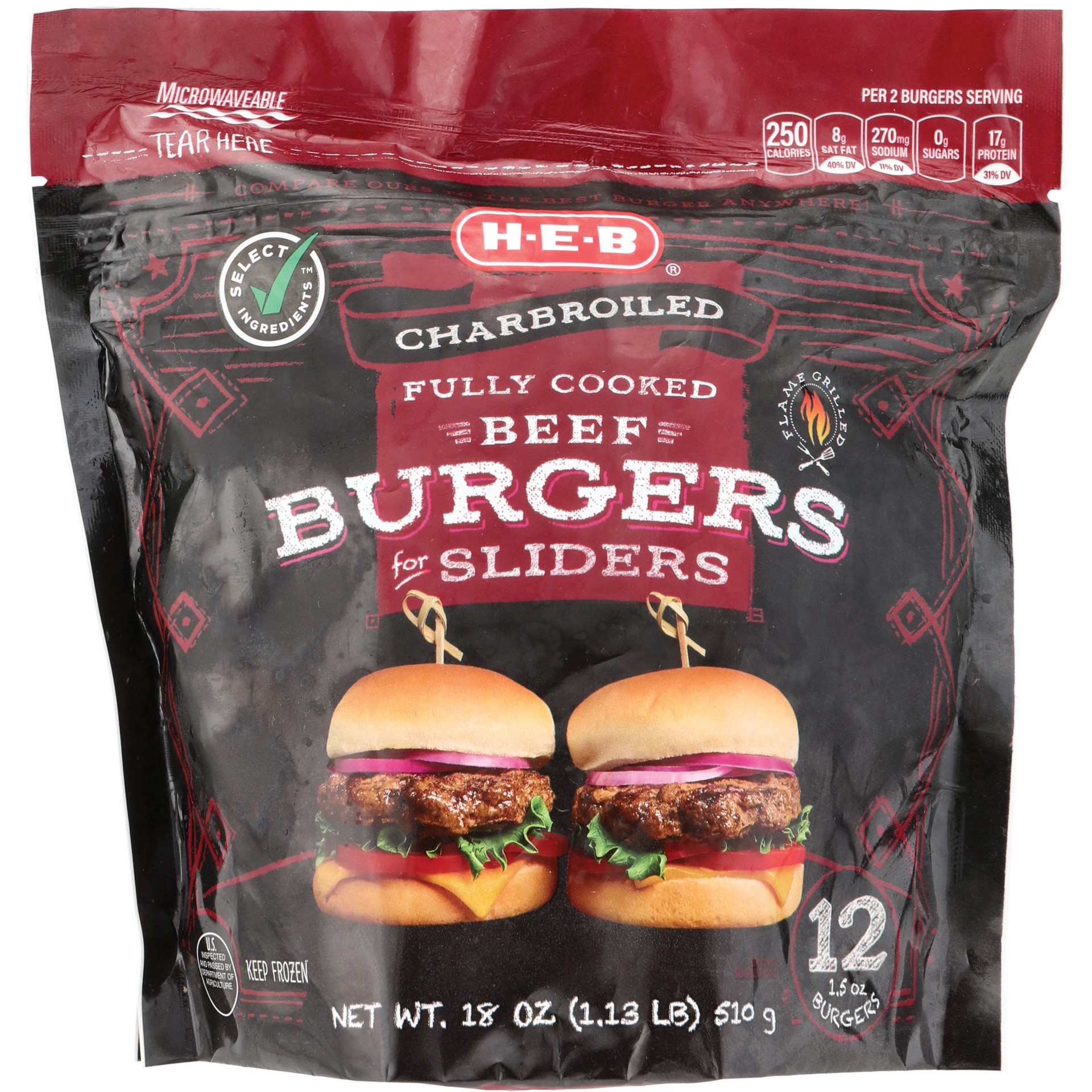 slide 1 of 1, H-E-B Fully Cooked Beef Burger Sliders, 12 ct