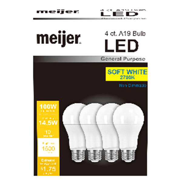 slide 1 of 1, Meijer LED 14.5W A19 Soft White 100W, 4 ct