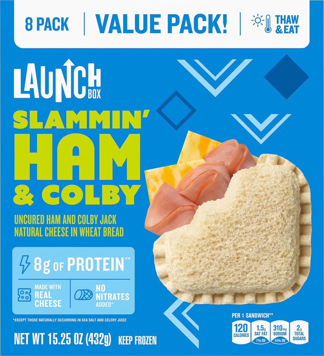 slide 13 of 14, LaunchBox Slammin' Ham & Colby Jack Cheese Frozen Sandwiches Value Pack, 8 ct Box, 8 ct