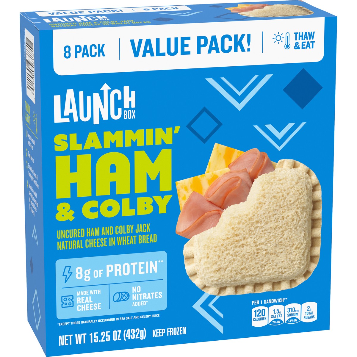 slide 10 of 14, LaunchBox Slammin' Ham & Colby Jack Cheese Frozen Sandwiches Value Pack, 8 ct Box, 8 ct