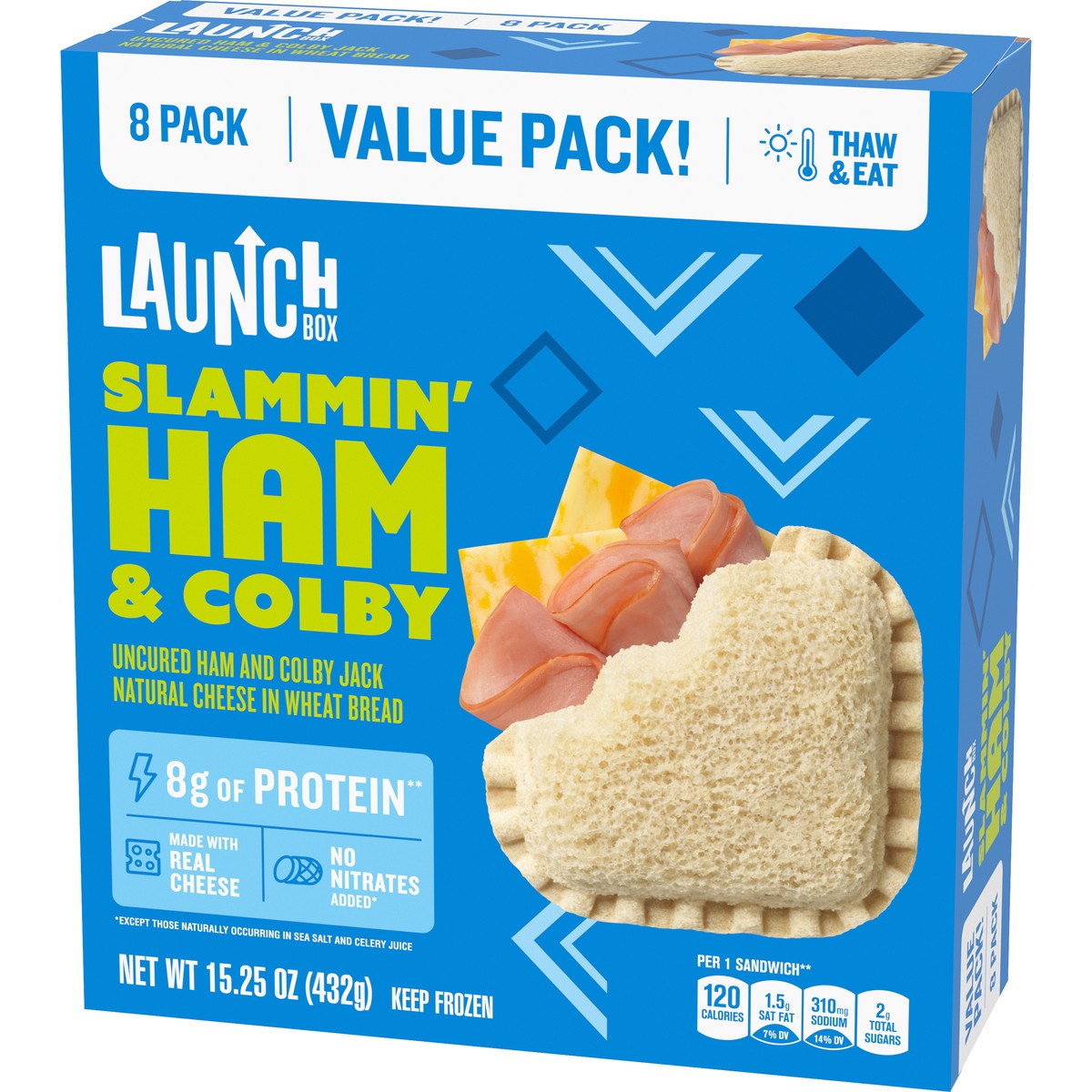 slide 11 of 14, LaunchBox Slammin' Ham & Colby Jack Cheese Frozen Sandwiches Value Pack, 8 ct Box, 8 ct