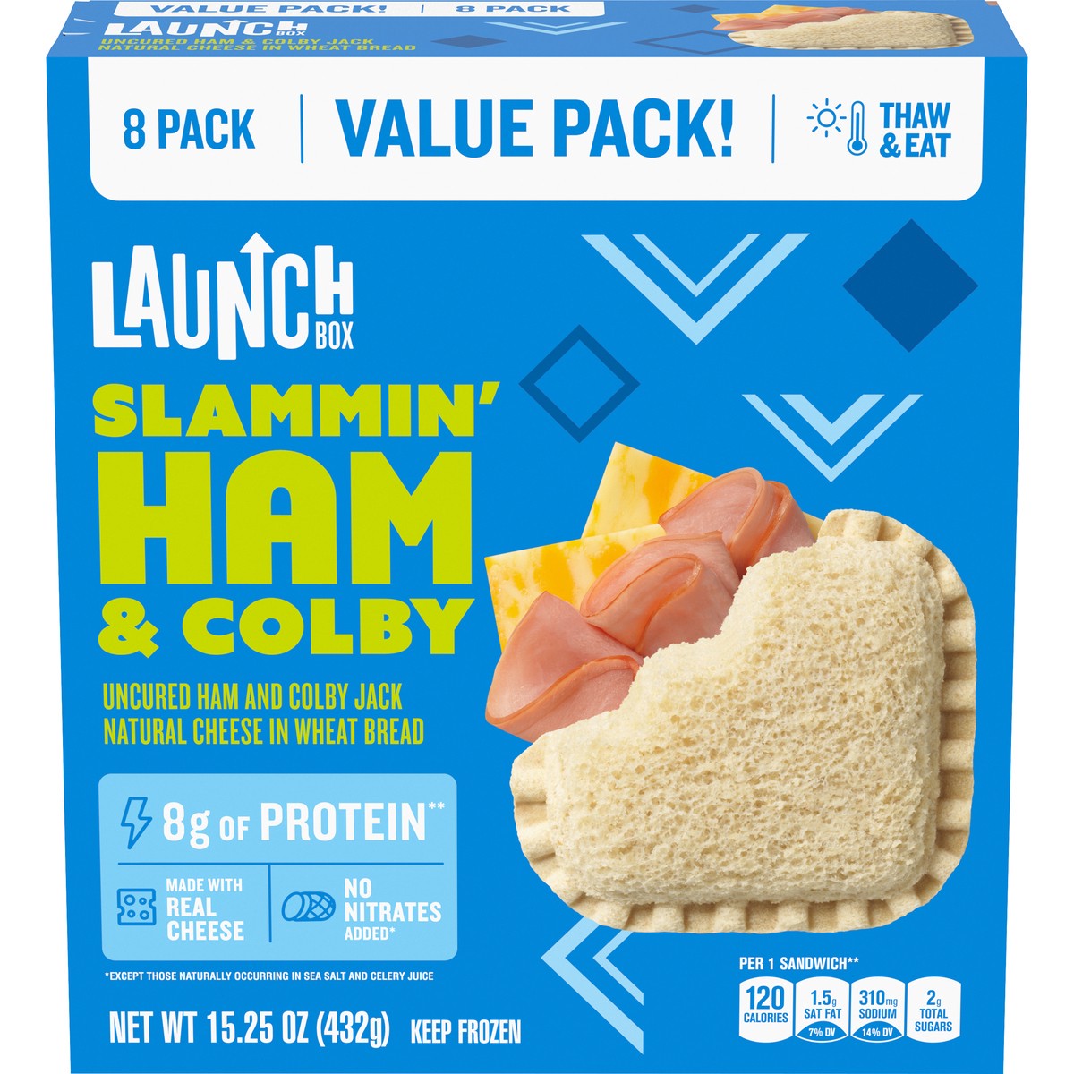 slide 1 of 14, LaunchBox Slammin' Ham & Colby Jack Cheese Frozen Sandwiches Value Pack, 8 ct Box, 8 ct