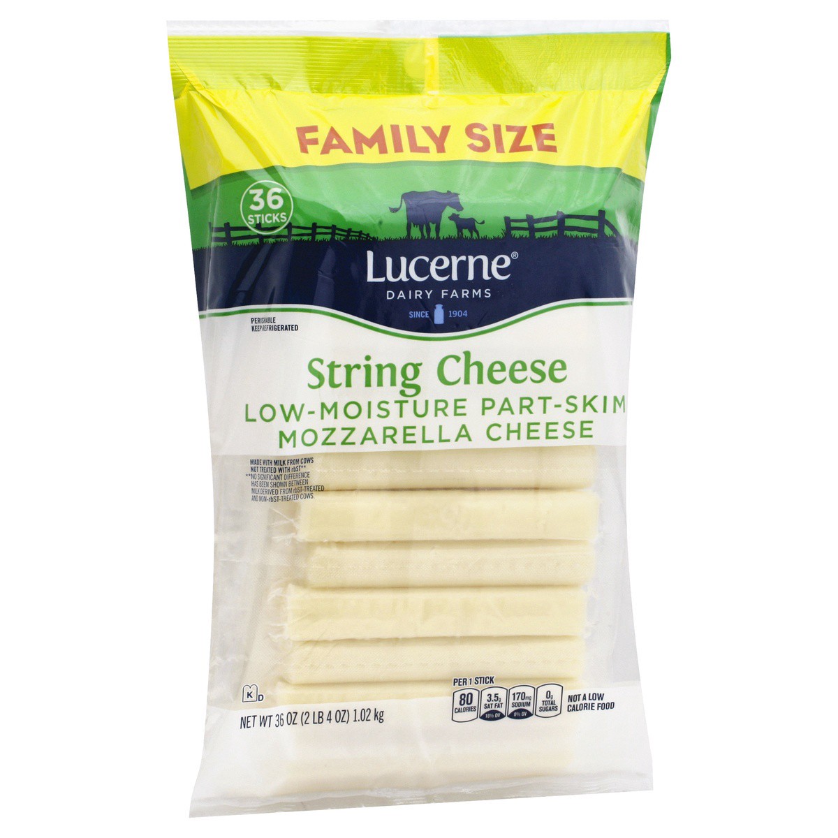 slide 2 of 9, Lucerne Dairy Farms Cheese String Mozzarella Low-Moisture Part-Skim, 36 ct; 1 oz