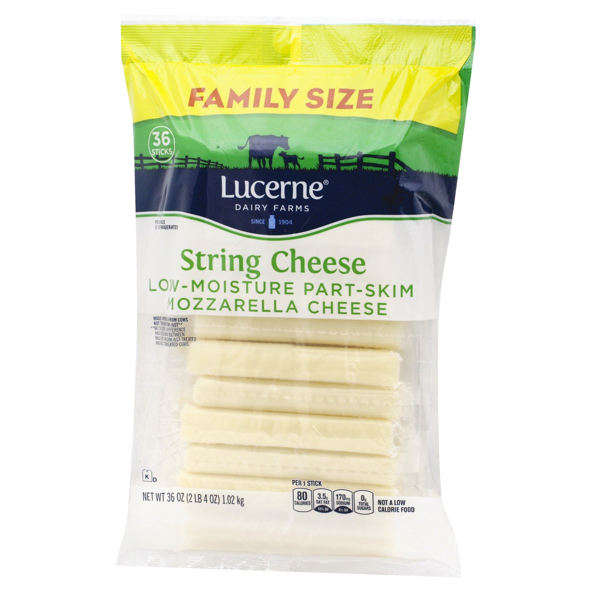 slide 3 of 9, Lucerne Dairy Farms Cheese String Mozzarella Low-Moisture Part-Skim, 36 ct; 1 oz