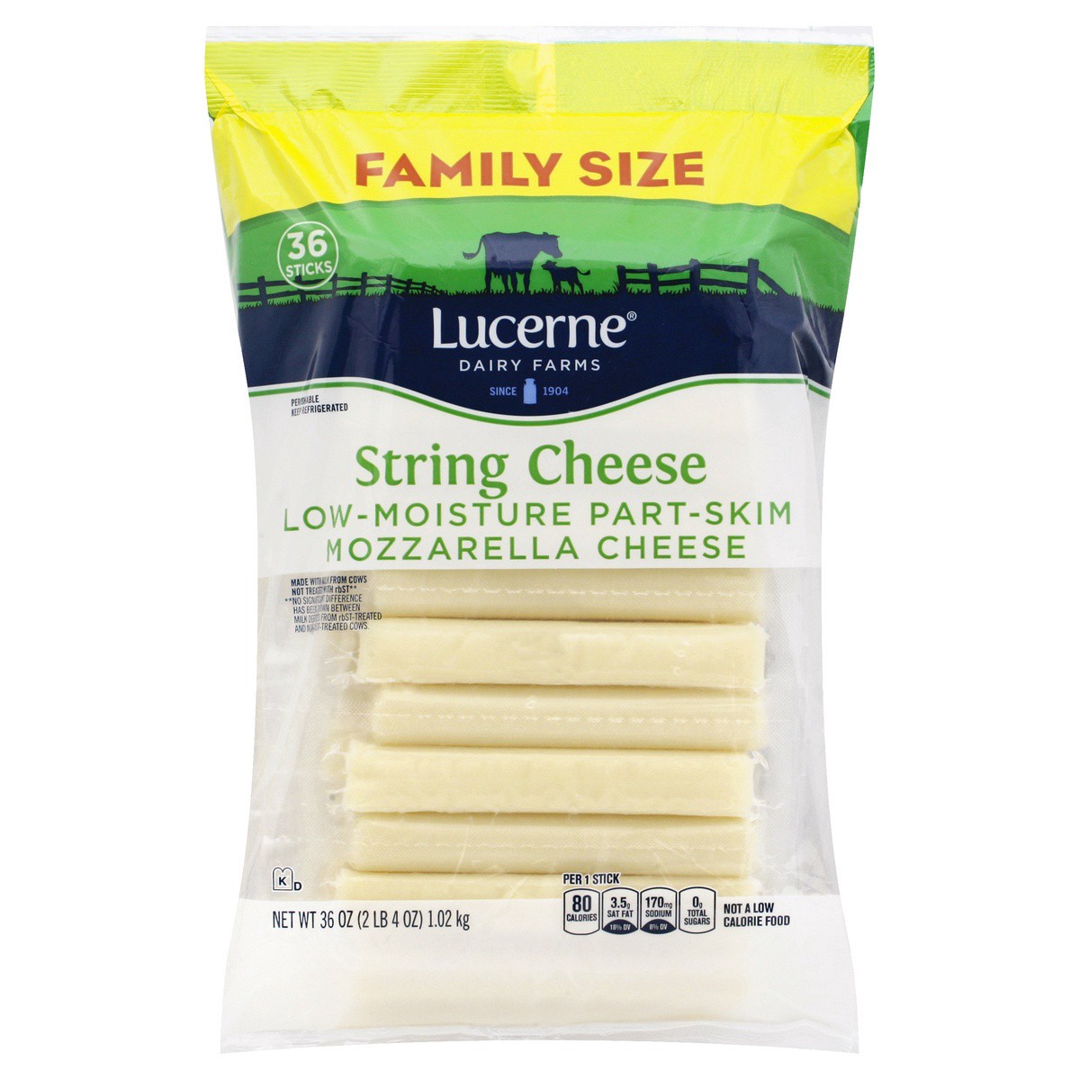 slide 1 of 9, Lucerne Dairy Farms Cheese String Mozzarella Low-Moisture Part-Skim, 36 ct; 1 oz