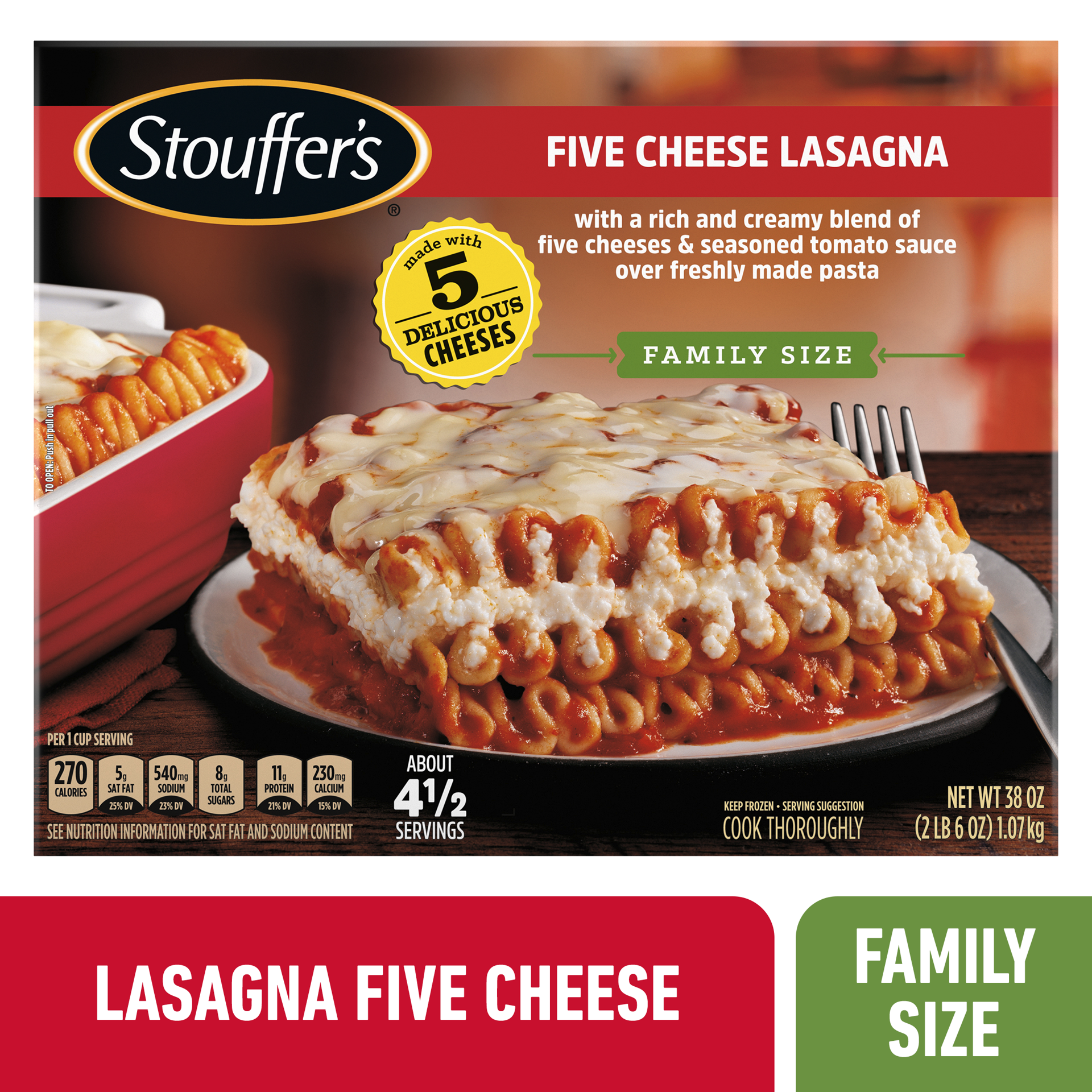 slide 1 of 14, Stouffer's Family Size Five Cheese Lasagna Frozen Meal, 38 oz