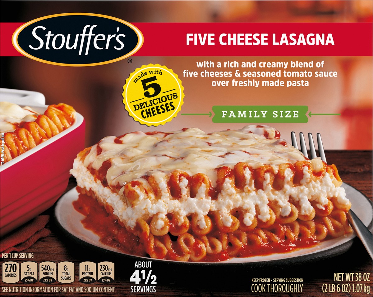 slide 11 of 14, Stouffer's Family Size Five Cheese Lasagna Frozen Meal, 38 oz