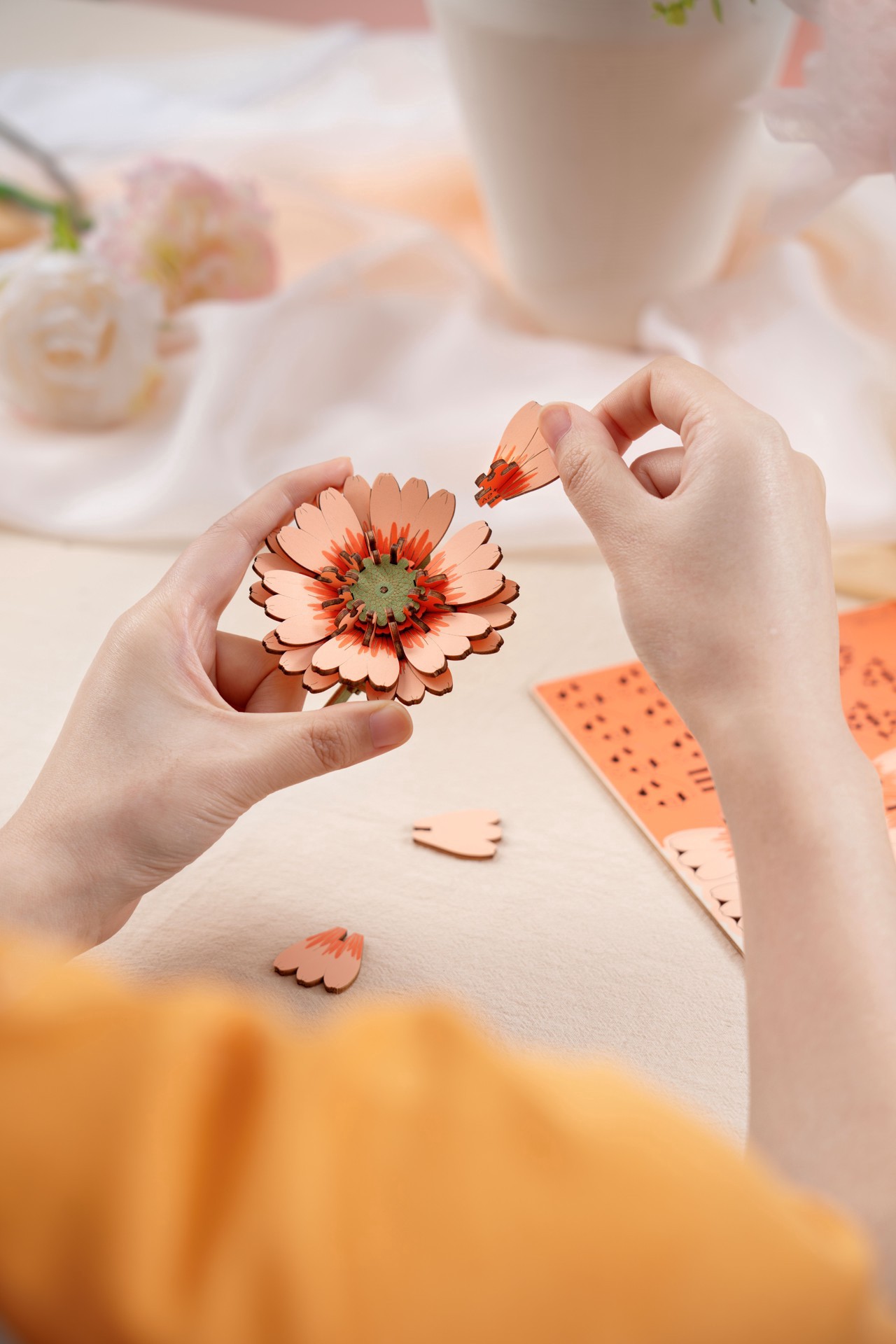 slide 3 of 4, Robotime Rowood Light Orange Gerbera Daisy Wooden Bloom Craft, 4.3 in x 2.6 in x 8.7 in