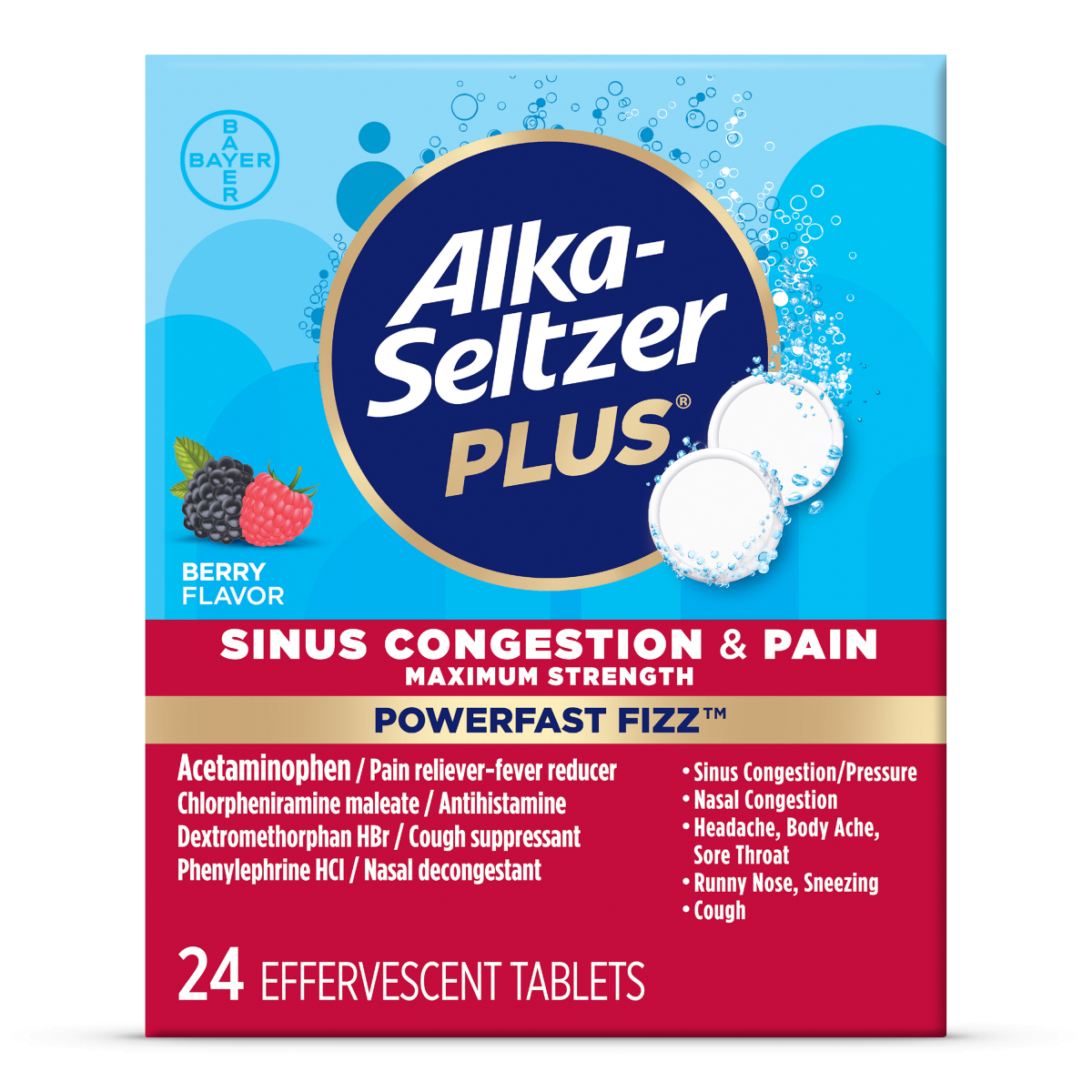 slide 1 of 1, Alka-Seltzer Plus Sinus Congestion & Pain Powerfast Fizz Effervescent Tablets, 24 ct