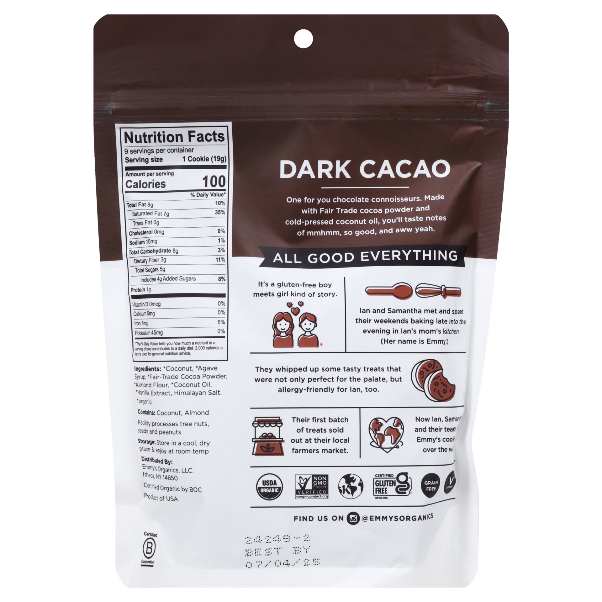 slide 3 of 7, Emmy's Organics Dark Cacao Coconut Cookies, 6 oz, 9 ct