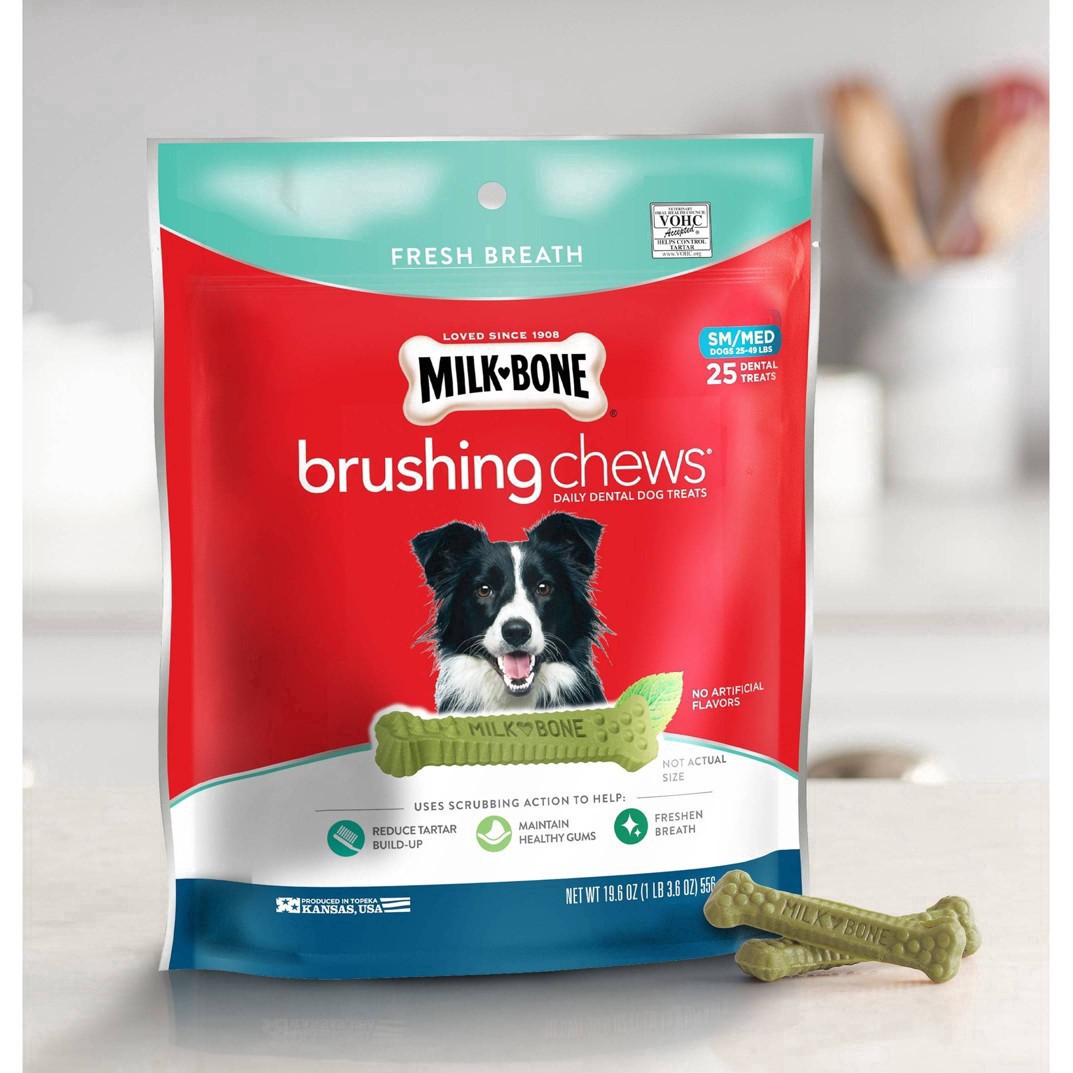 slide 7 of 21, Milk-Bone Brushing Chews Daily Dental Dog Treats, Fresh Breath, Small/Medium, 19.6 Oz. Bags, 25 Bones Per Bag (Pack of 5), 25 ct