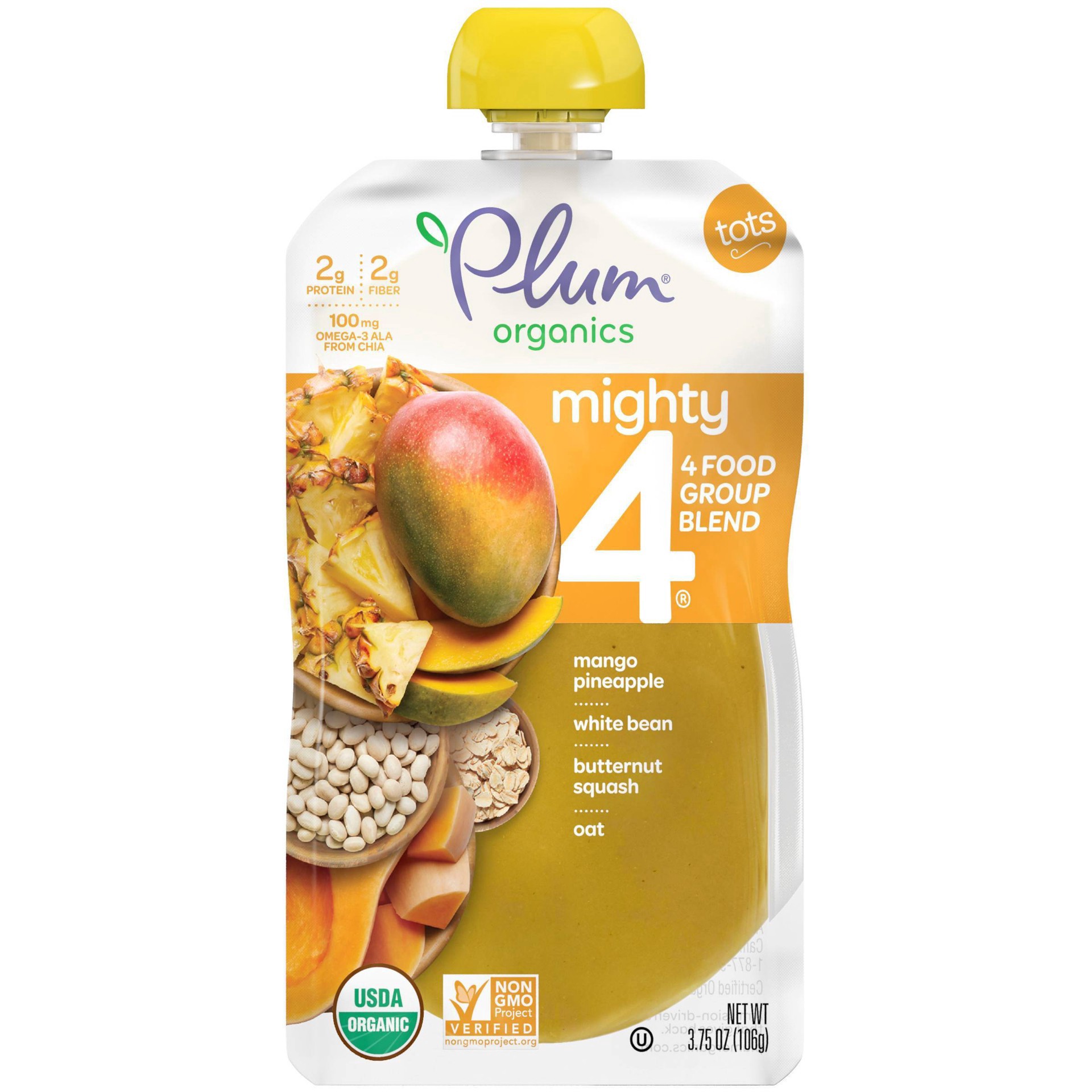 slide 3 of 13, Plum Organics Mighty 4 Mango, Pineapple, White Bean, Butternut Squash + Oat 3.75oz Pouch, 3.75 oz