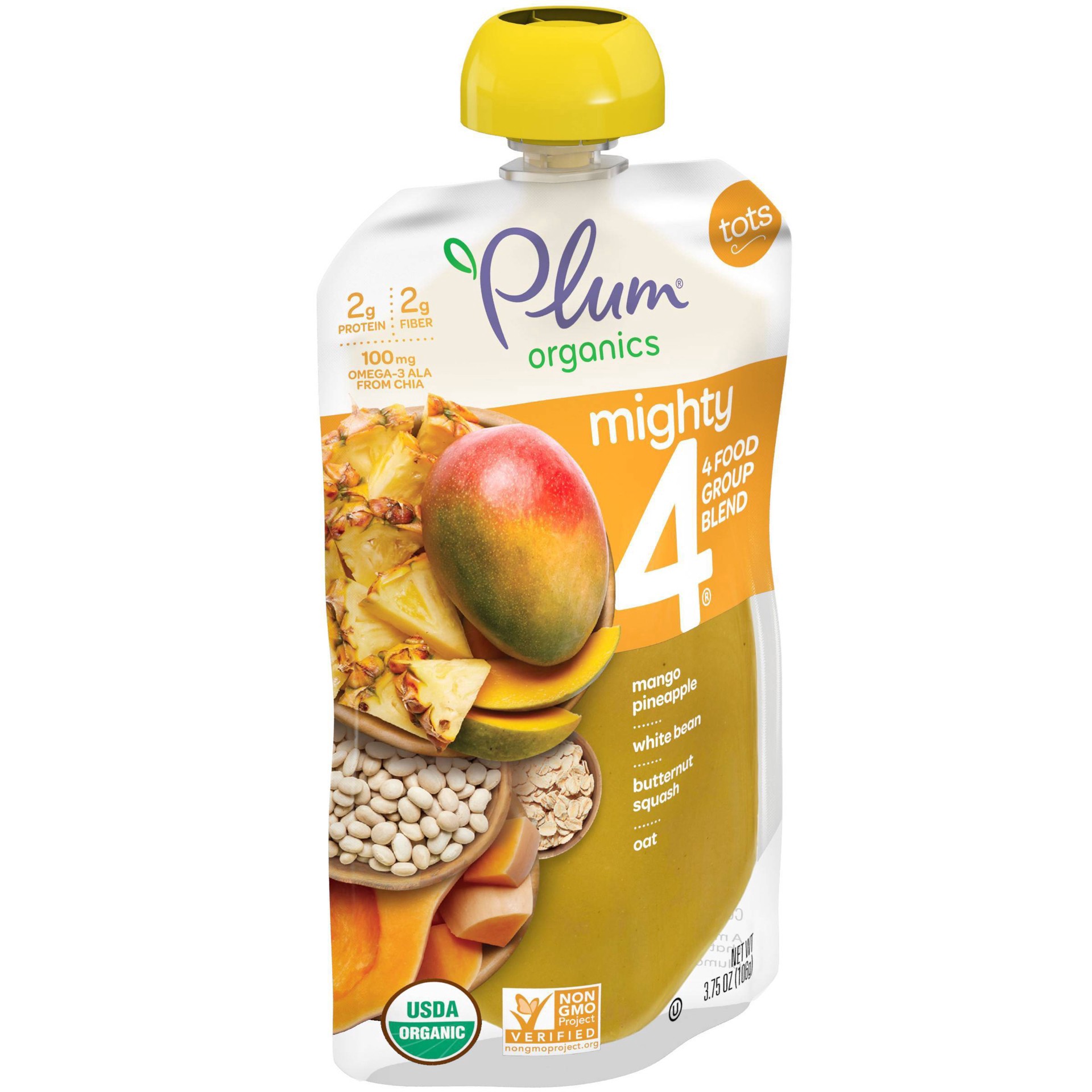 slide 8 of 13, Plum Organics Mighty 4 Mango, Pineapple, White Bean, Butternut Squash + Oat 3.75oz Pouch, 3.75 oz