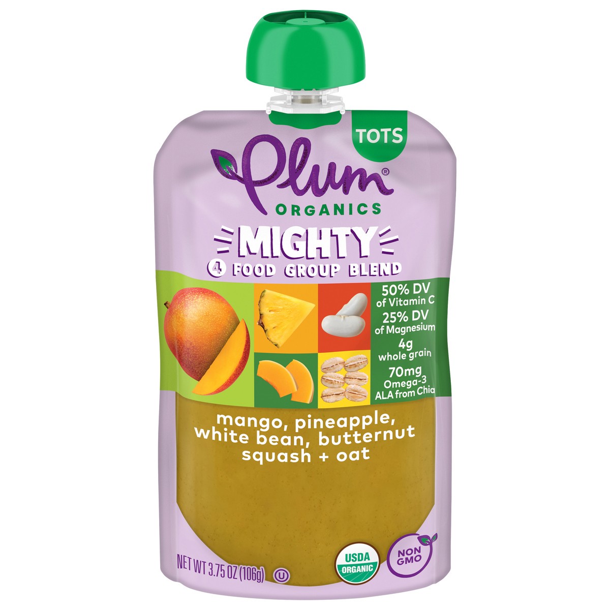 slide 1 of 13, Plum Organics Mighty 4 Food Group Blend Mango, Pineapple, White Bean, Butternut Squash + Oat 3.75oz Pouch, 3.75 oz