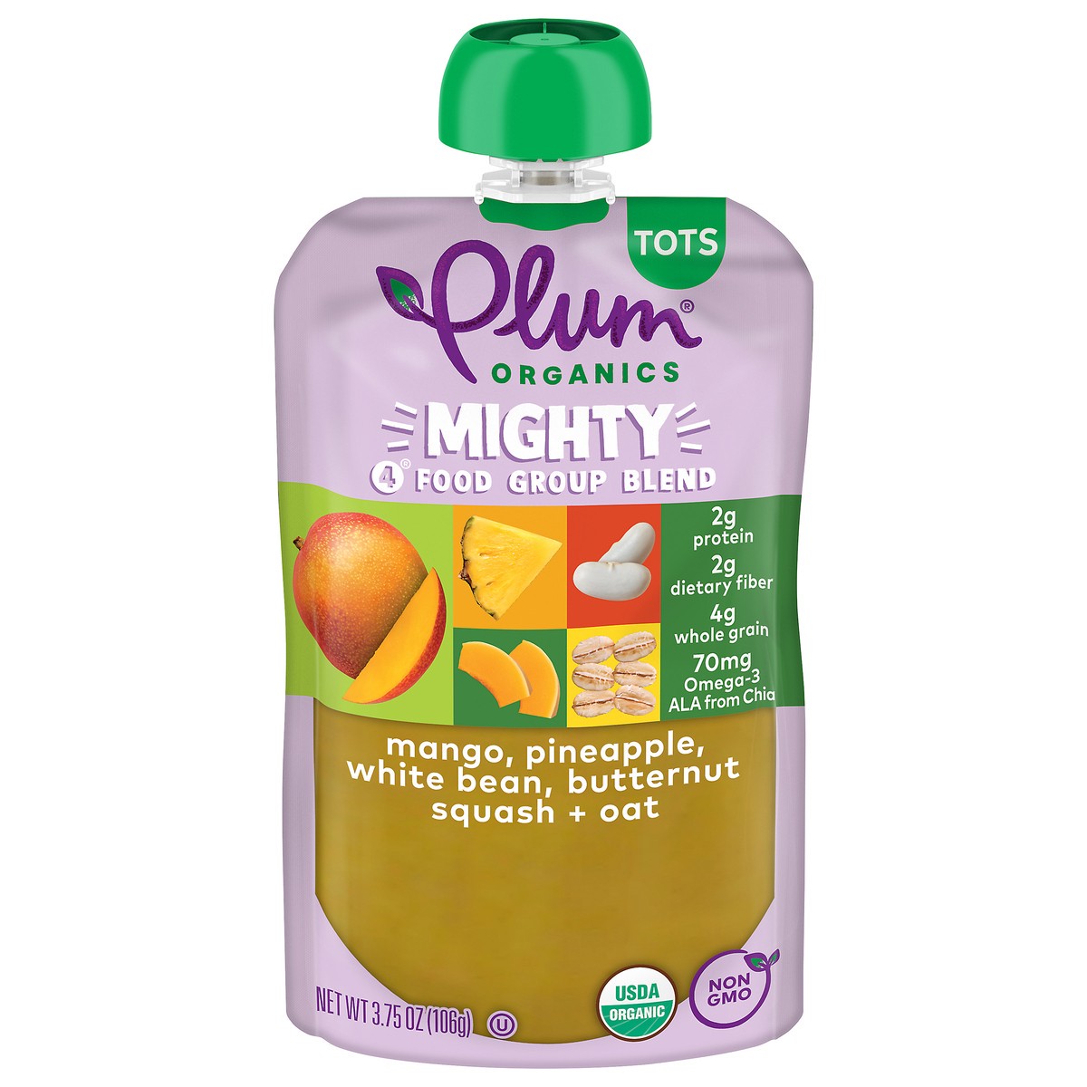 slide 1 of 13, Plum Organics Mighty 4 Mango, Pineapple, White Bean, Butternut Squash + Oat 3.75oz Pouch, 3.75 oz