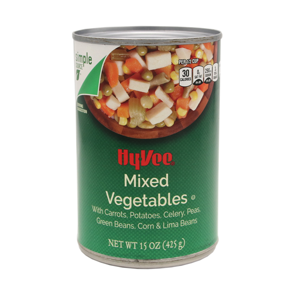slide 1 of 1, Hy-vee Mixed Vegetables With Carrots, Potatoes, Celery, Sweet Peas, Green Beans, Corn & Lima Beans - 15 oz, 15 oz