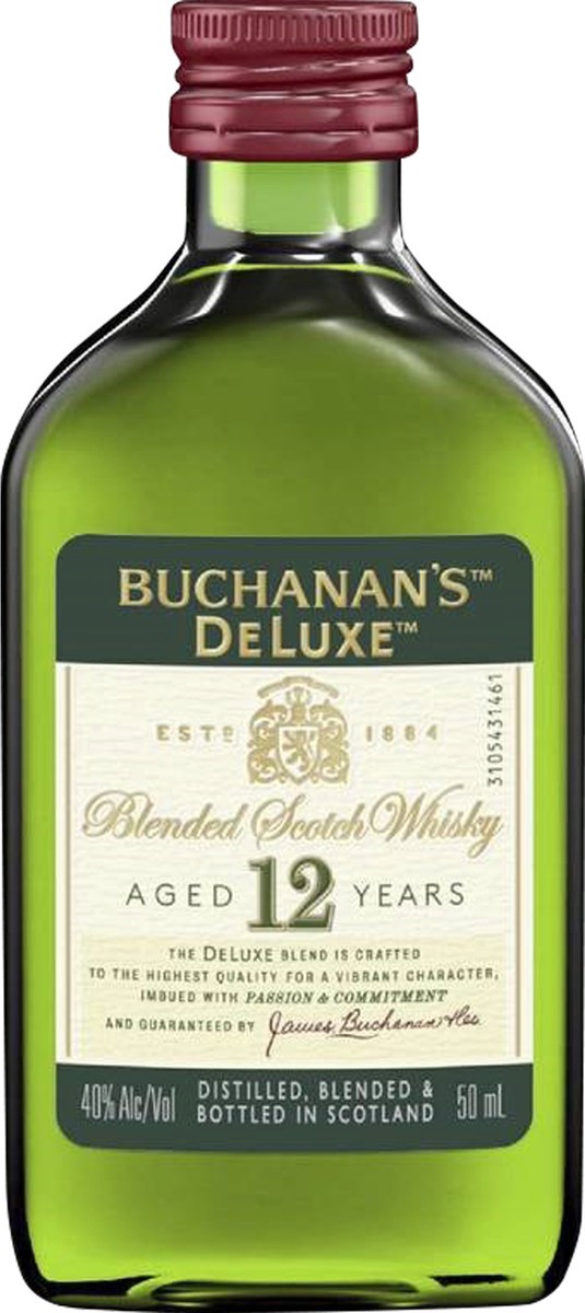 slide 3 of 3, Buchanan's DeLuxe Aged 12 Years Blended Scotch Whisky, 50 mL, 50 ml