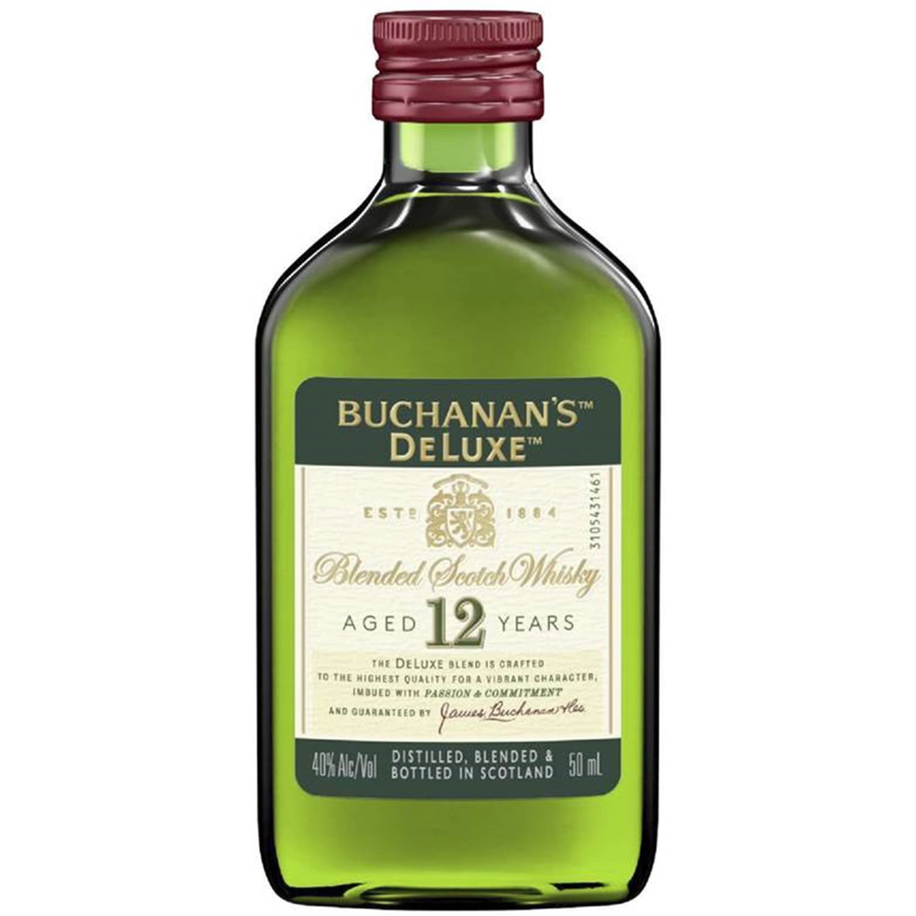 slide 1 of 3, Buchanan's DeLuxe Aged 12 Years Blended Scotch Whisky, 50 mL, 50 ml