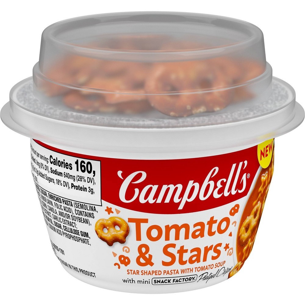 slide 3 of 6, Campbell's Tomato and Stars Soup with Snack Factory Mini Pretzel Crisps, 7.35 Ounce Microwaveable Cup, 7.35 oz