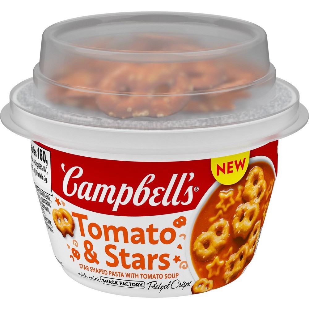 slide 6 of 6, Campbell's Tomato and Stars Soup with Snack Factory Mini Pretzel Crisps, 7.35 Ounce Microwaveable Cup, 7.35 oz