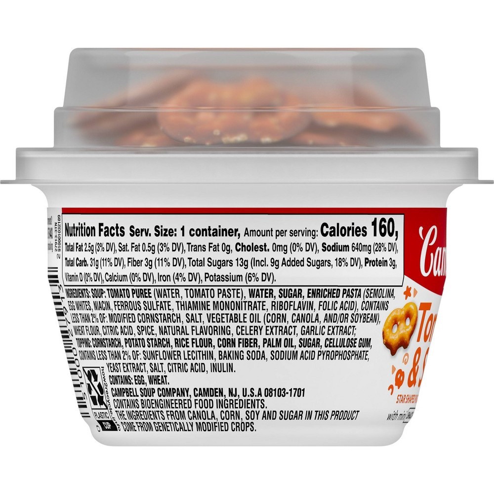 slide 2 of 6, Campbell's Tomato and Stars Soup with Snack Factory Mini Pretzel Crisps, 7.35 Ounce Microwaveable Cup, 7.35 oz