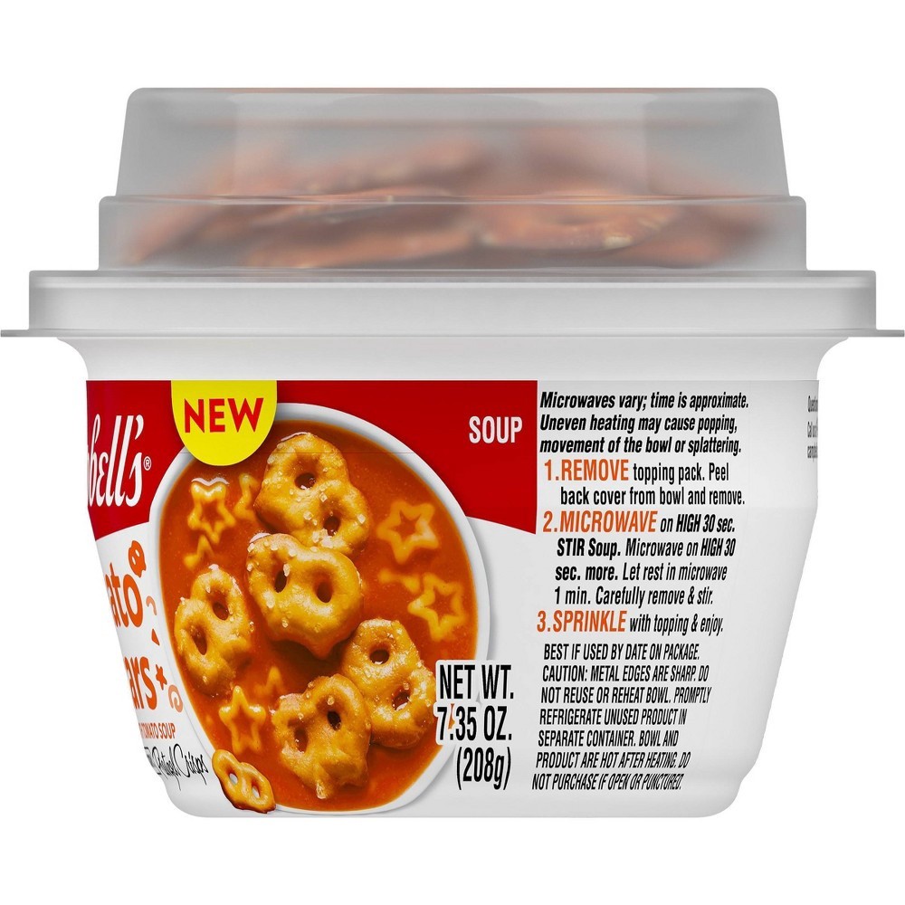 slide 4 of 6, Campbell's Tomato and Stars Soup with Snack Factory Mini Pretzel Crisps, 7.35 Ounce Microwaveable Cup, 7.35 oz