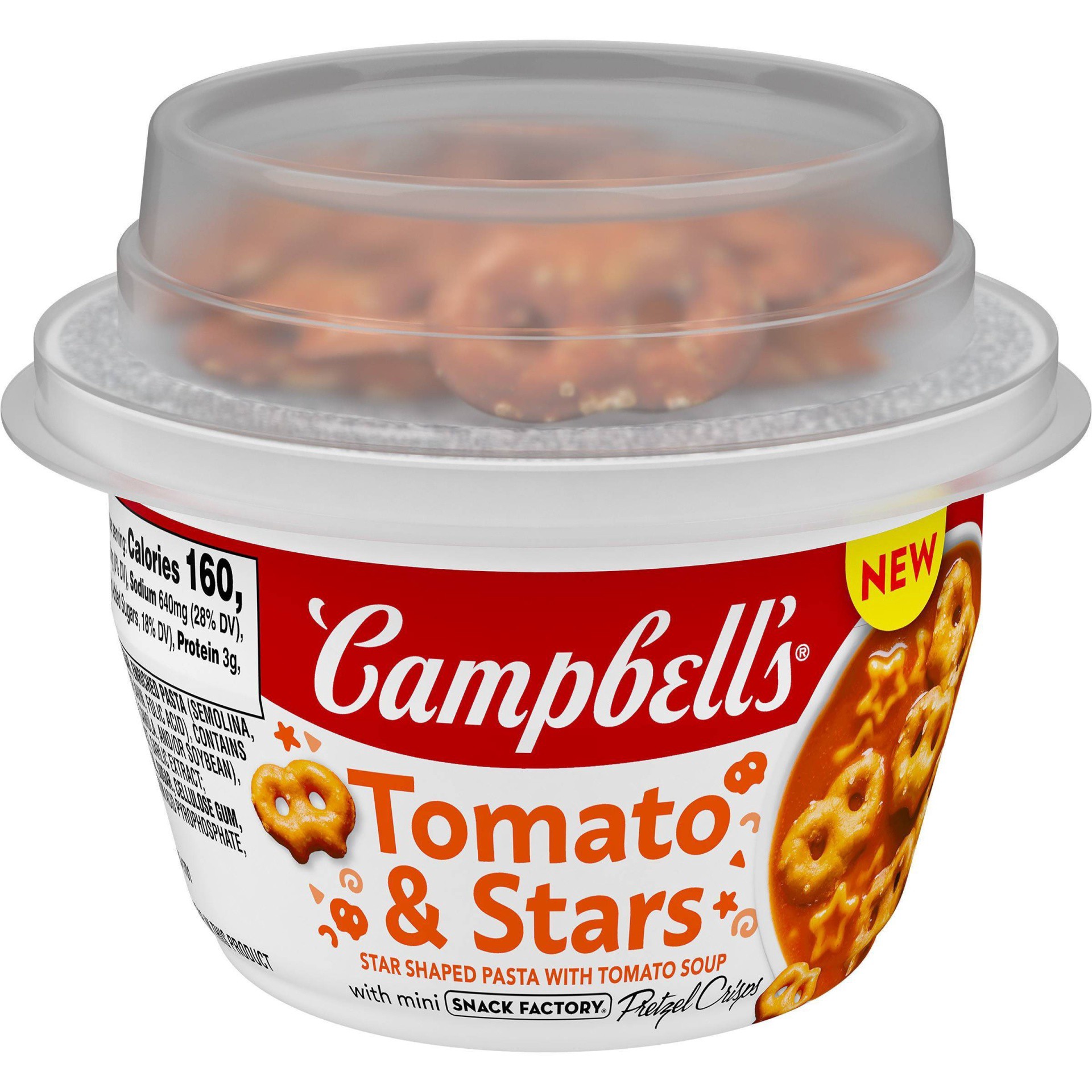 slide 1 of 6, Campbell's Tomato and Stars Soup with Snack Factory Mini Pretzel Crisps, 7.35 Ounce Microwaveable Cup, 7.35 oz