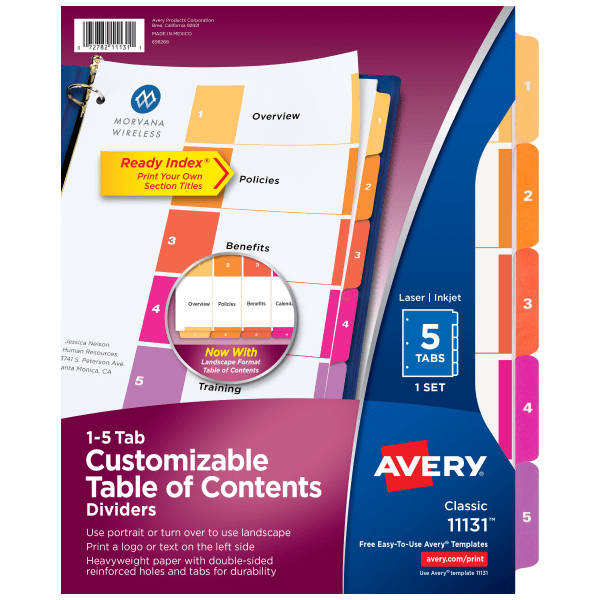 slide 1 of 8, Avery Ready Index 20% Recycled Table Of Contents Dividers, 1-5 Tab, Multicolor, 1 ct