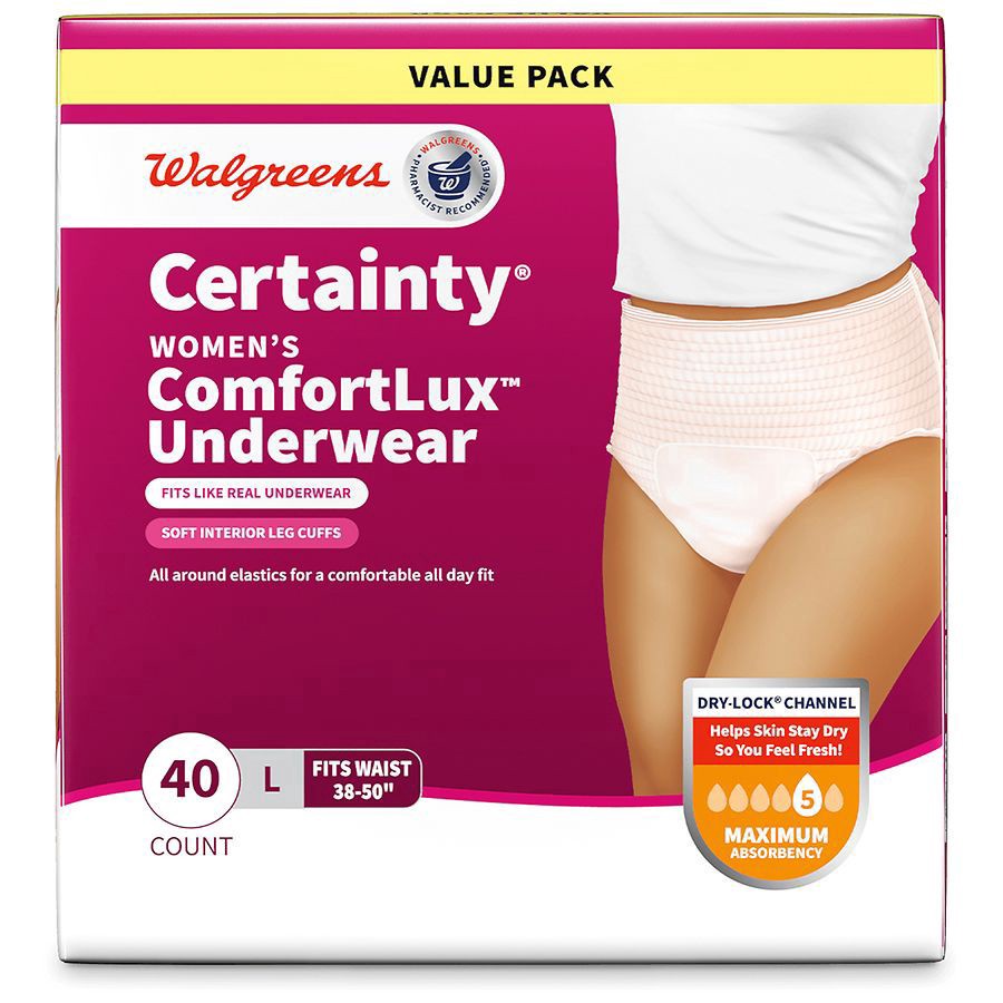 slide 4 of 5, Walgreens Certainty Women's ComfortLux Underwear Large, 40 ct