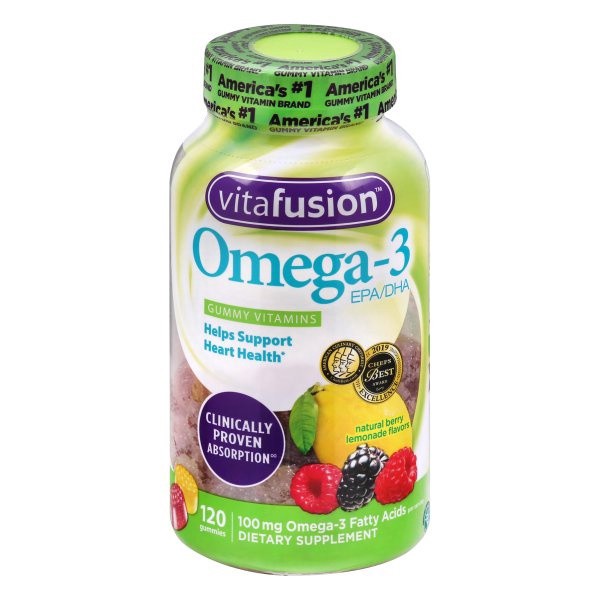 slide 1 of 3, vitafusion Omega-3 EPA/DHA Vitamin Gummies - Raspberry Lemonade, 120 ct
