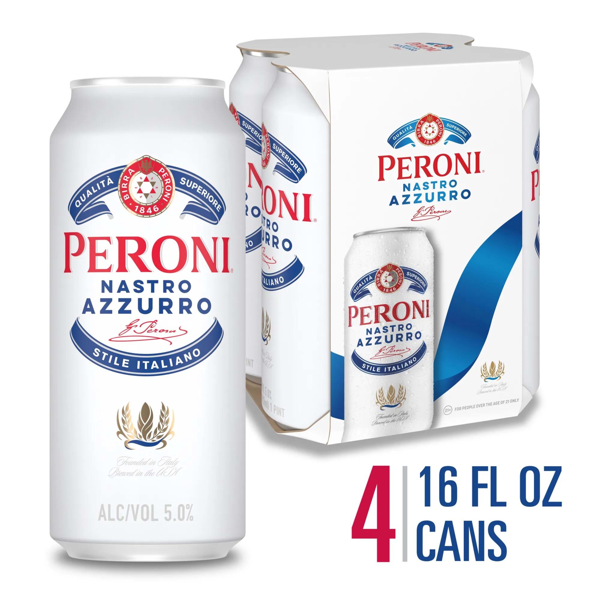 slide 1 of 2, Peroni Nastro Azzurro Italian-Style Lager Beer 5% ABV, 4 Pack, 16 fl oz Cans, 16 fl oz