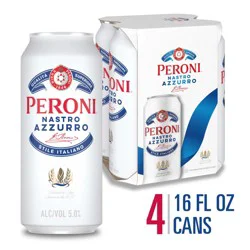 Peroni Nastro Azzurro Italian-Style Lager Beer 5% ABV, 4 Pack, 16 fl oz Cans