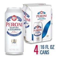 Peroni Nastro Azzurro Italian-Style Lager Beer 5% ABV, 4 Pack, 16 fl oz Cans