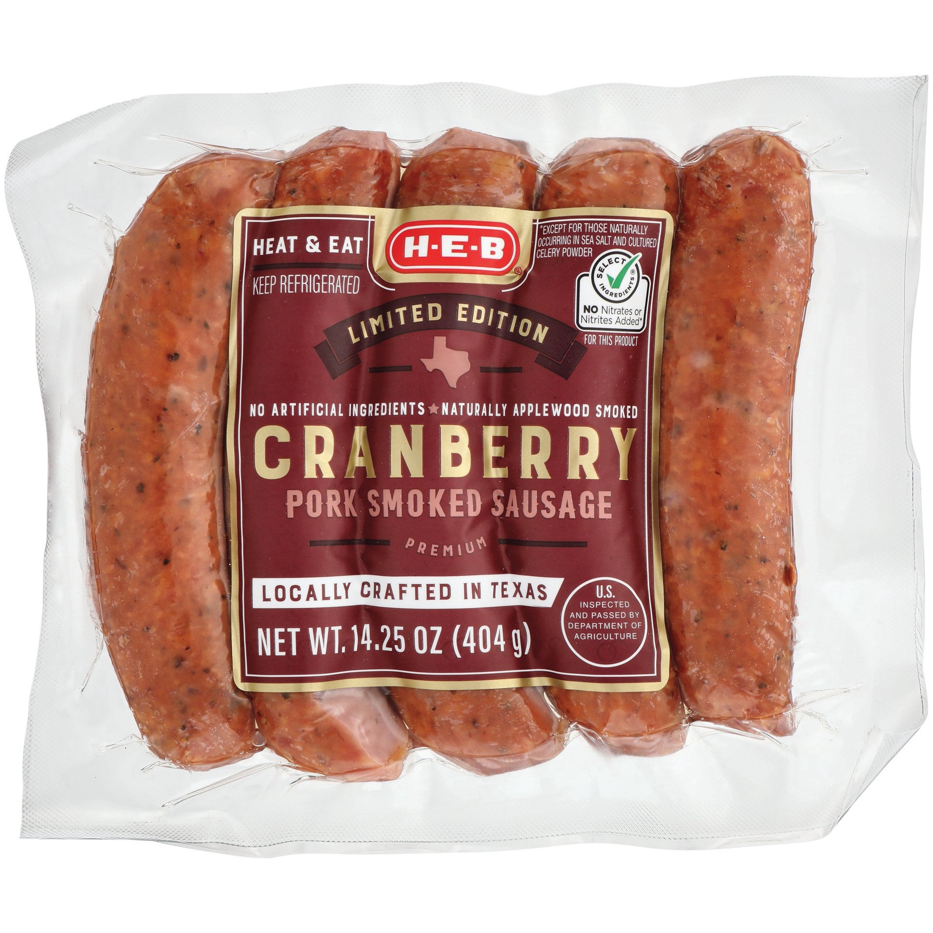 slide 1 of 1, H-E-B Applewood Smoked Pork Sausage Links - Cranberry, 1 ct
