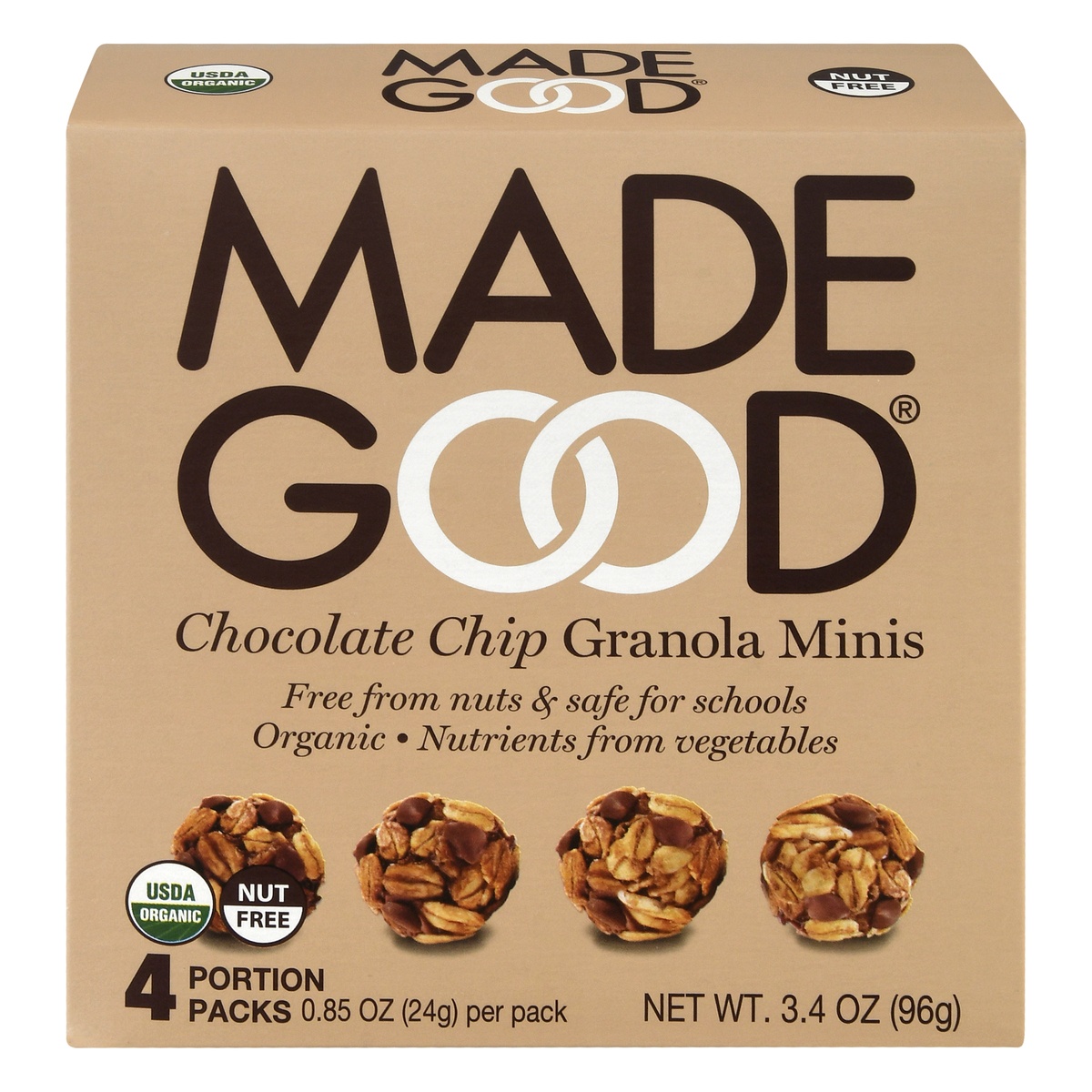 slide 1 of 10, MadeGood Organic Chocolate Chip Granola Minis, 4 ct; 0.85 oz