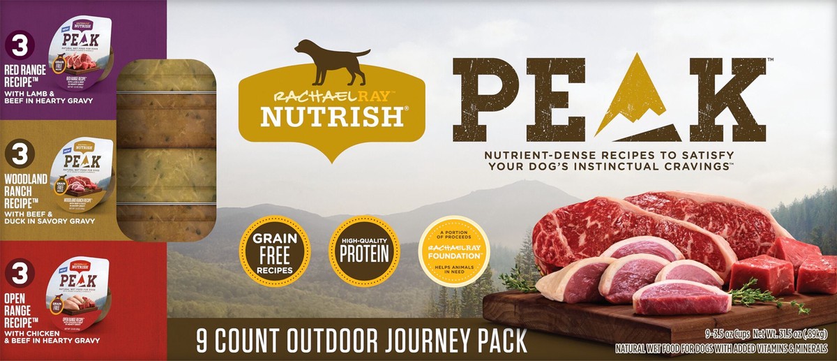 slide 2 of 8, Rachael Ray Nutrish PEAK Natural Grain Free Wet Dog Food Outdoor Journey Variety Pack, 3.5 oz tubs, 9-count, 31.5 oz