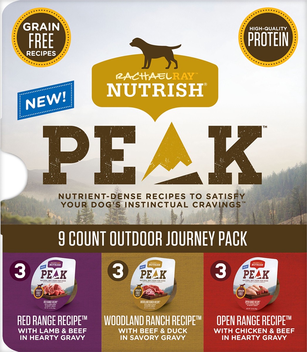 slide 4 of 8, Rachael Ray Nutrish PEAK Natural Grain Free Wet Dog Food Outdoor Journey Variety Pack, 3.5 oz tubs, 9-count, 31.5 oz