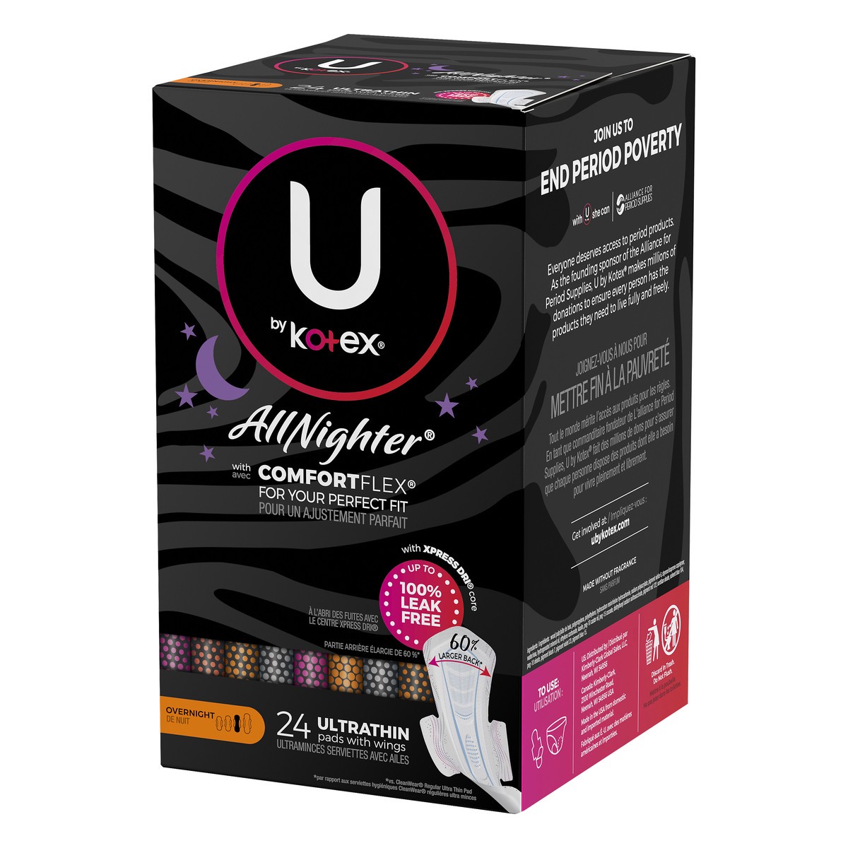 slide 3 of 9, U by Kotex CleanWear AllNighter Ultra Thin Overnight Pads with Wings - 24ct, 24 ct