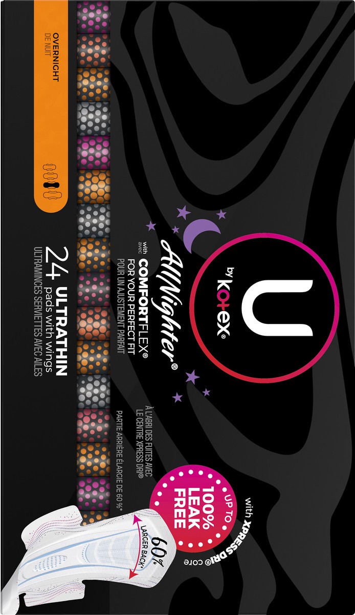 slide 5 of 9, U by Kotex CleanWear AllNighter Ultra Thin Overnight Pads with Wings - 24ct, 24 ct