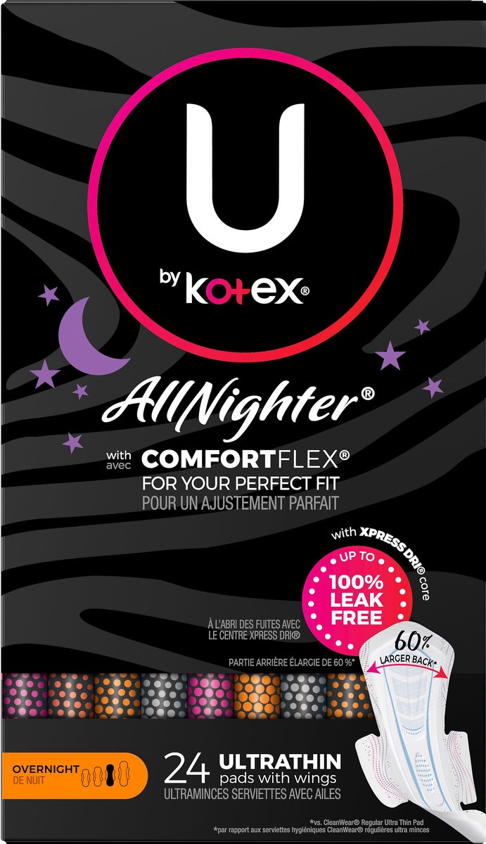 slide 6 of 9, U by Kotex CleanWear AllNighter Ultra Thin Overnight Pads with Wings - 24ct, 24 ct