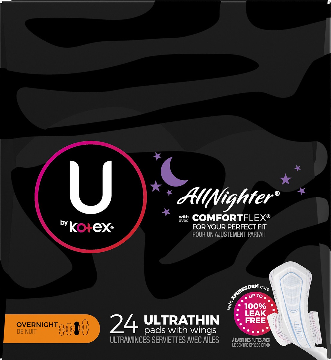 slide 9 of 9, U by Kotex CleanWear AllNighter Ultra Thin Overnight Pads with Wings - 24ct, 24 ct